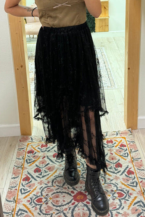 Bohemian Floral Lace Cascading Ruffle Tiered Asymmetrical Maxi Skirt